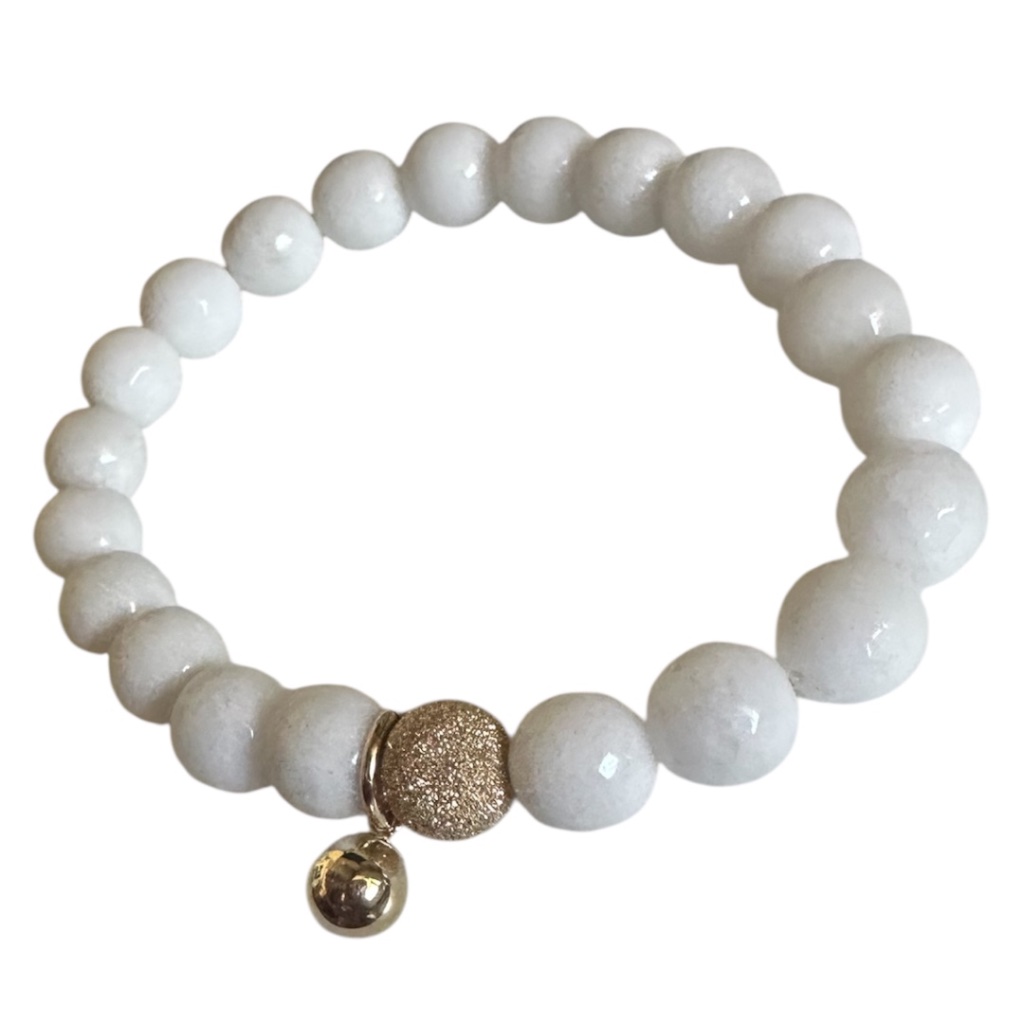 8mm Faceted White Jade Stretch Bracelet W/ 14k Gold Stardust Spacer & Ball Charm